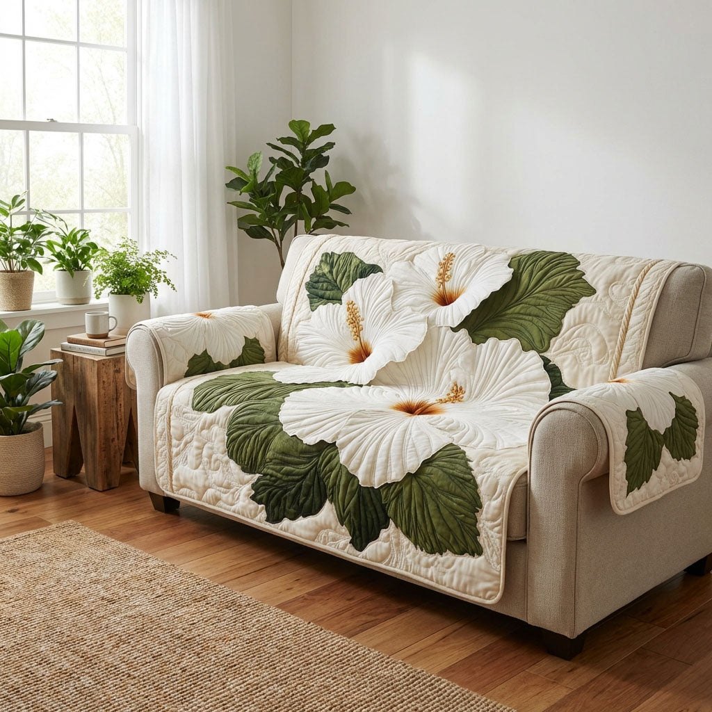 White Hibiscus on Ivory Sofa Cover