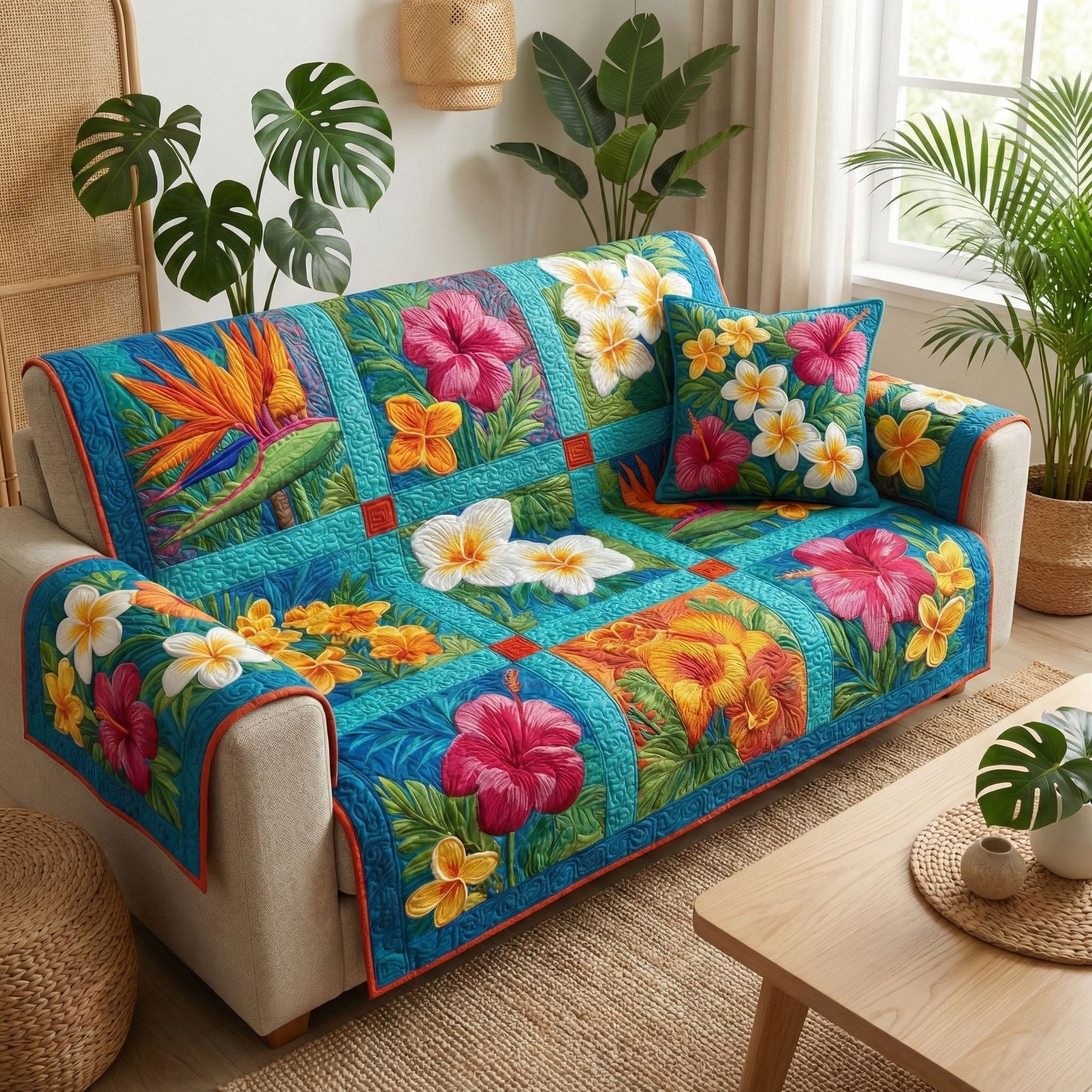 Tropical Blooms on Turquoise Blocks Sofa Cover