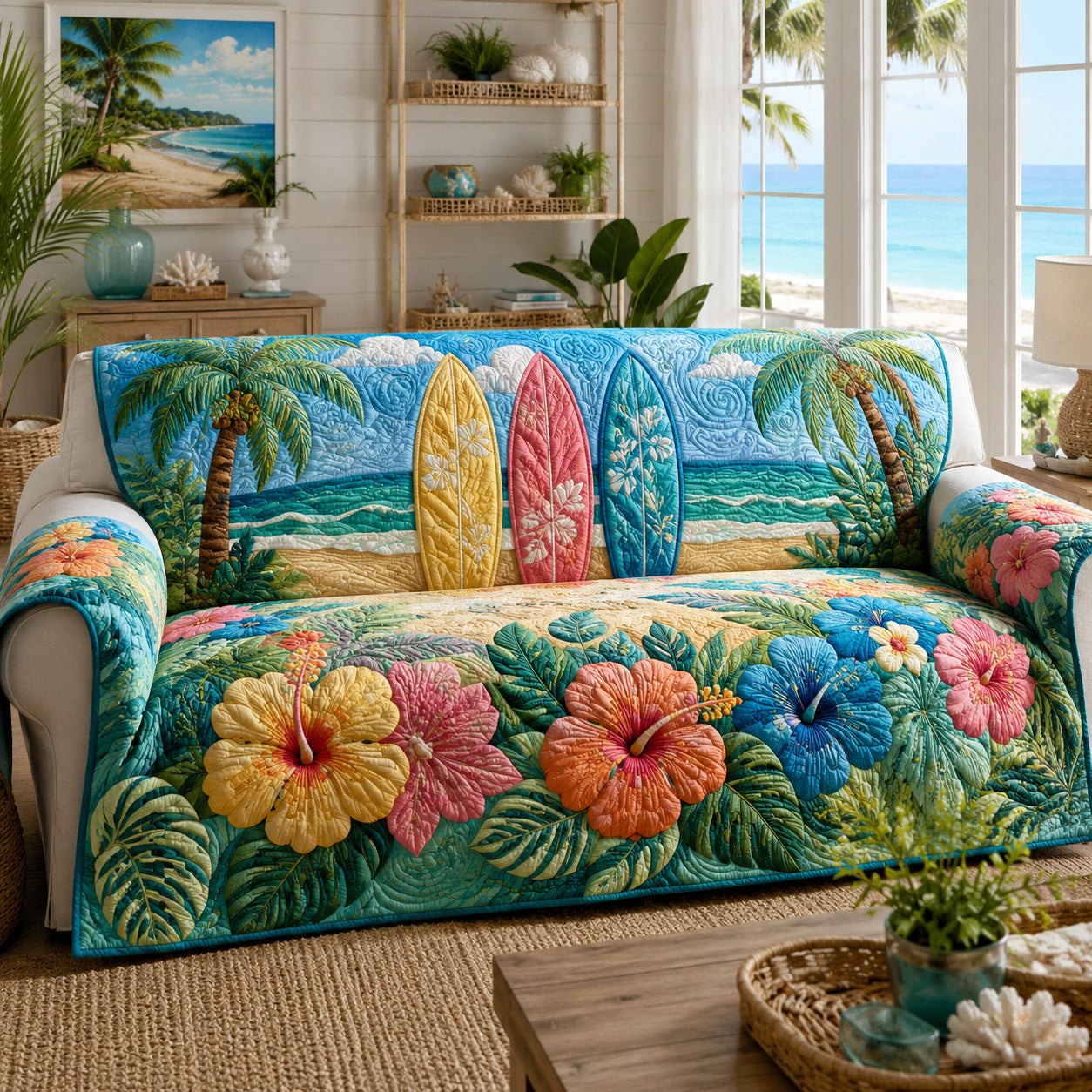 Surfboards and Palms on the Beach Sofa Cover