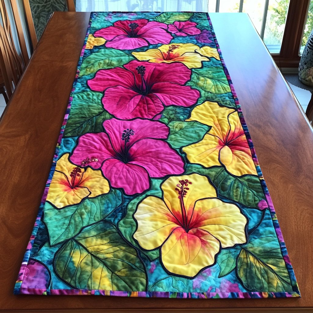 Pink and Yellow Hibiscus on Teal Table Runner