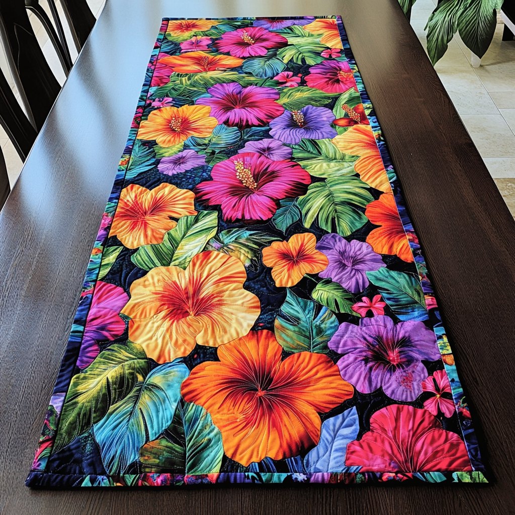 Bright Hibiscus on Navy Ground Table Runner