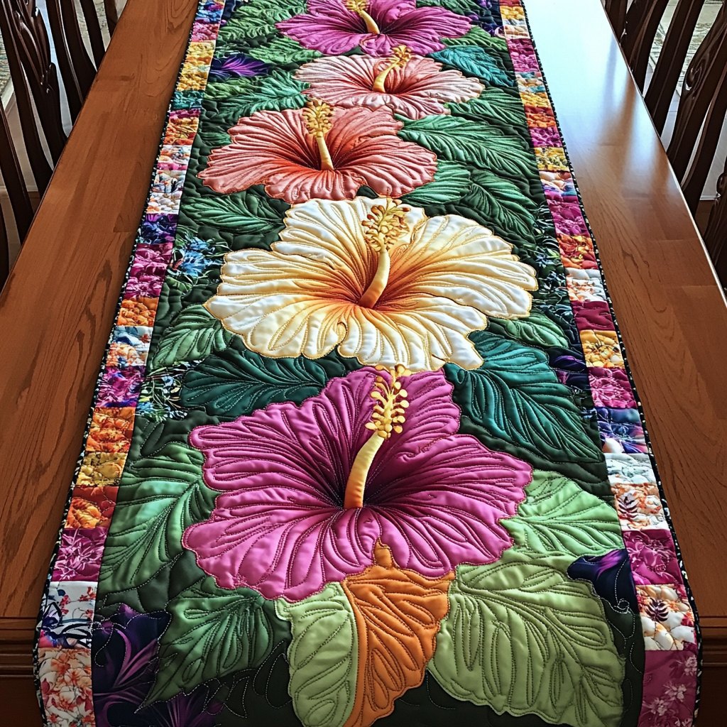 Pink and Cream Hibiscus Blooms Table Runner