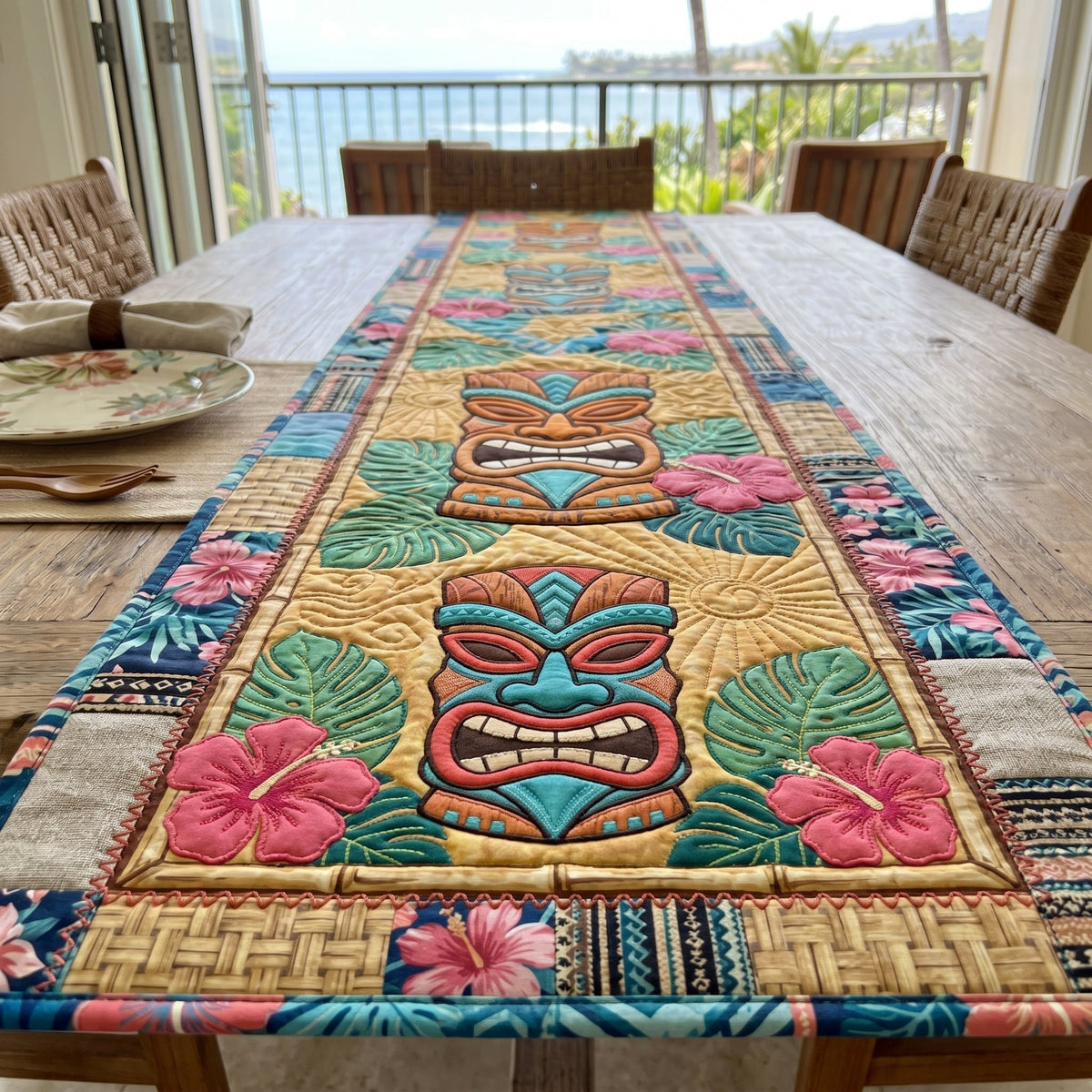 Tiki Totems with Pink Blossoms Table Runner
