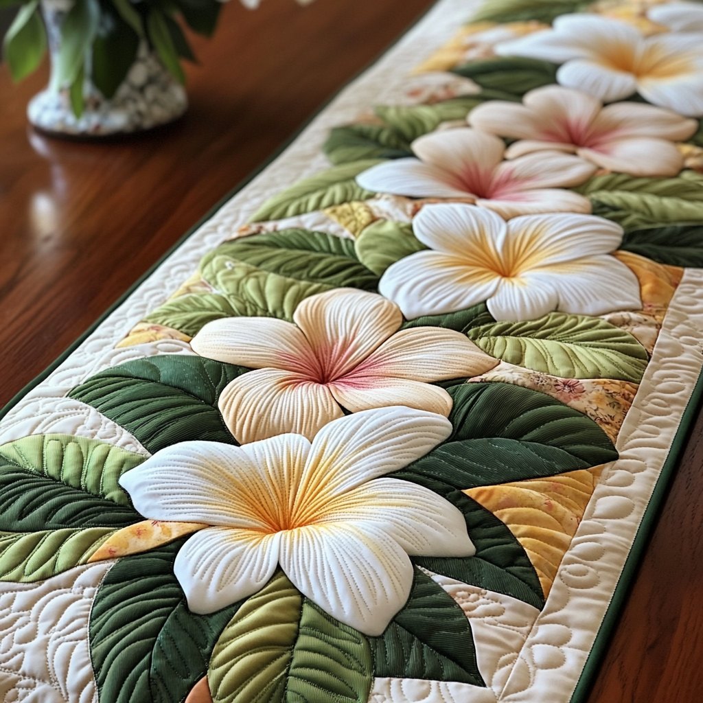 White Hibiscus with Green Leaves Table Runner