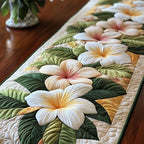 White Hibiscus with Green Leaves Table Runner