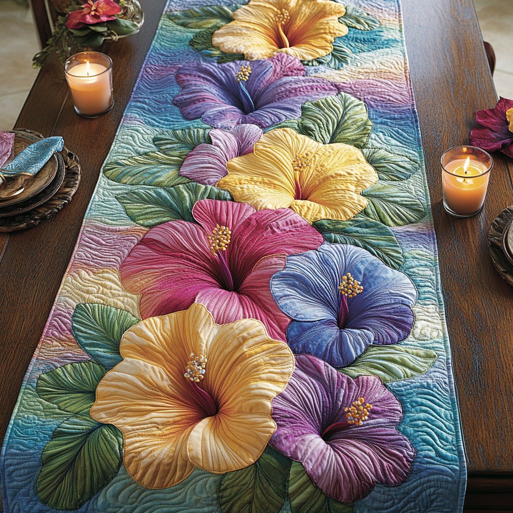 Soft Pastel Hibiscus on Green Table Runner