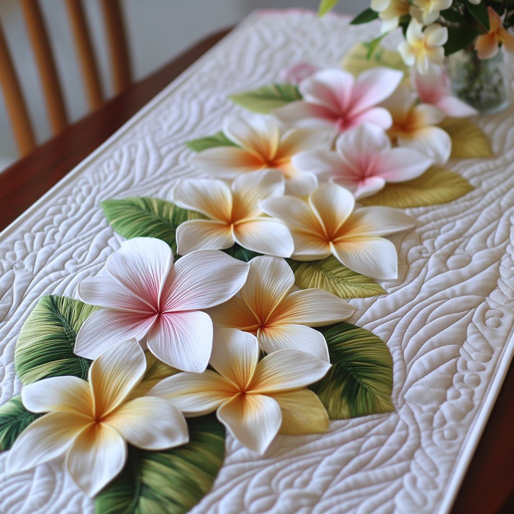 White Plumeria on Cream Ground Table Runner