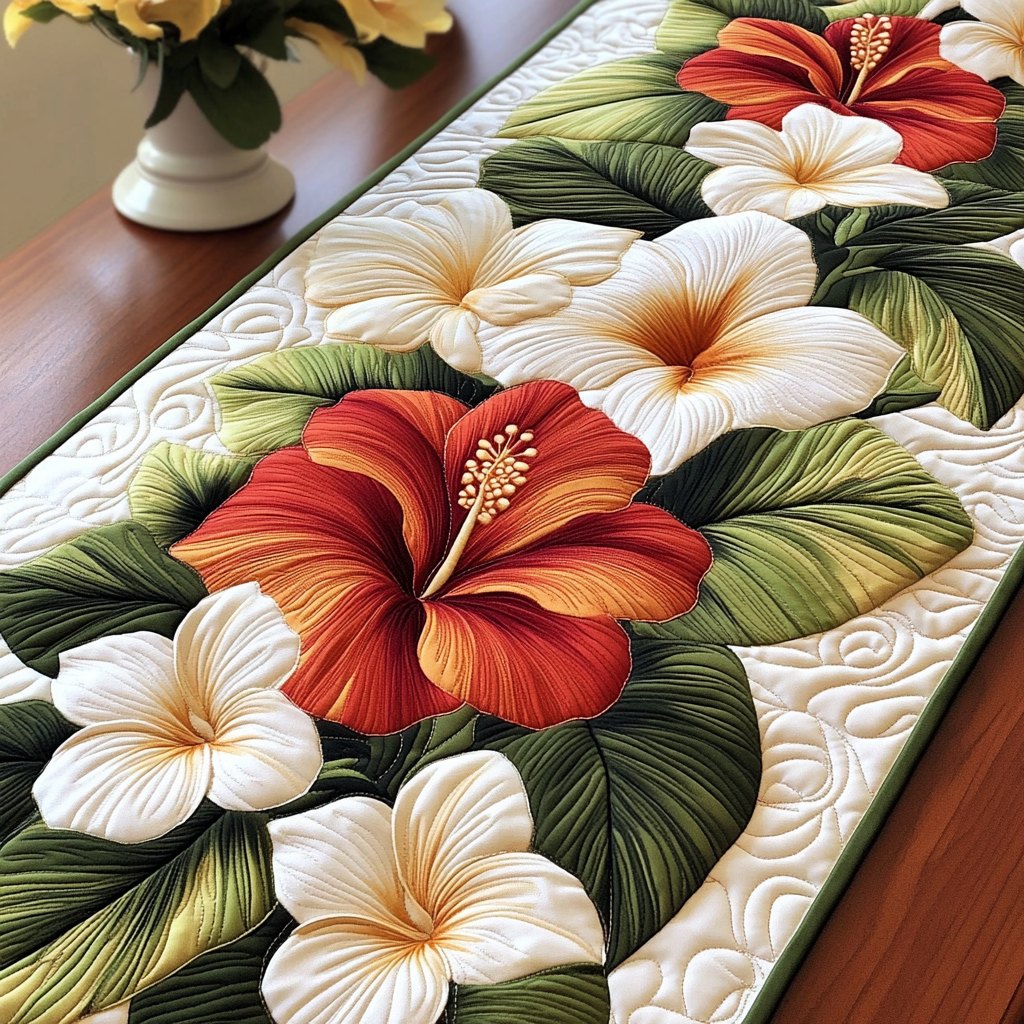 Red Hibiscus with White Blooms Table Runner
