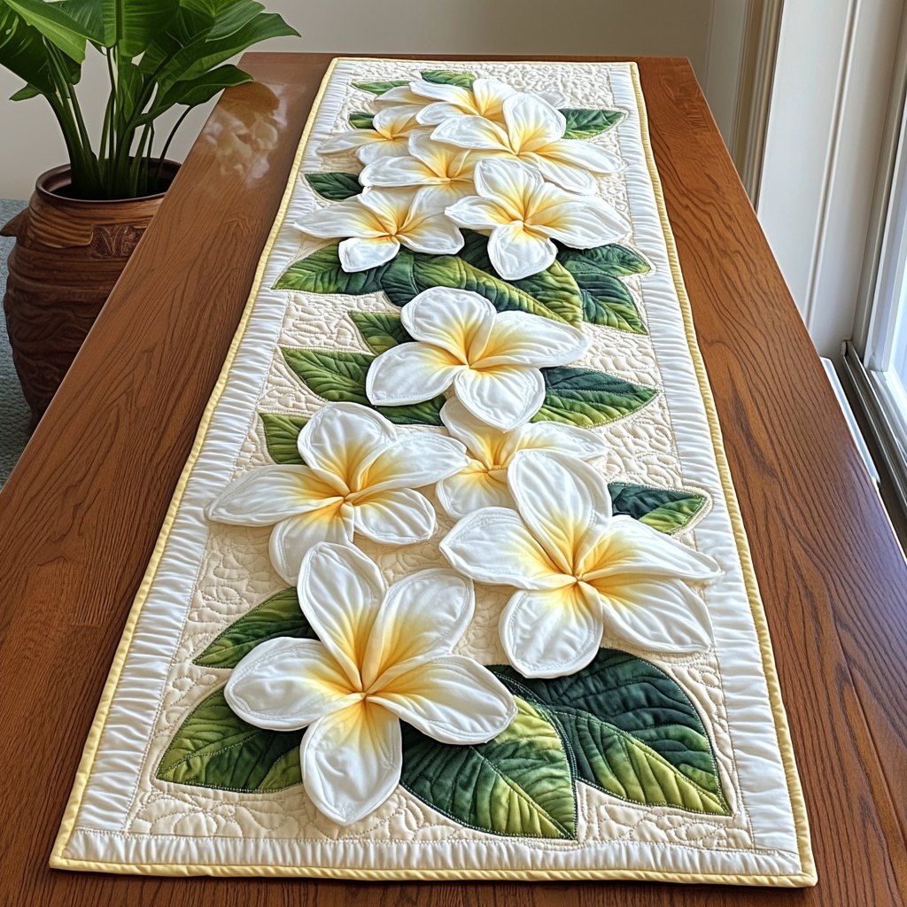 White Plumeria on Ivory Panel Table Runner