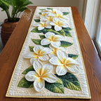 White Plumeria on Ivory Panel Table Runner