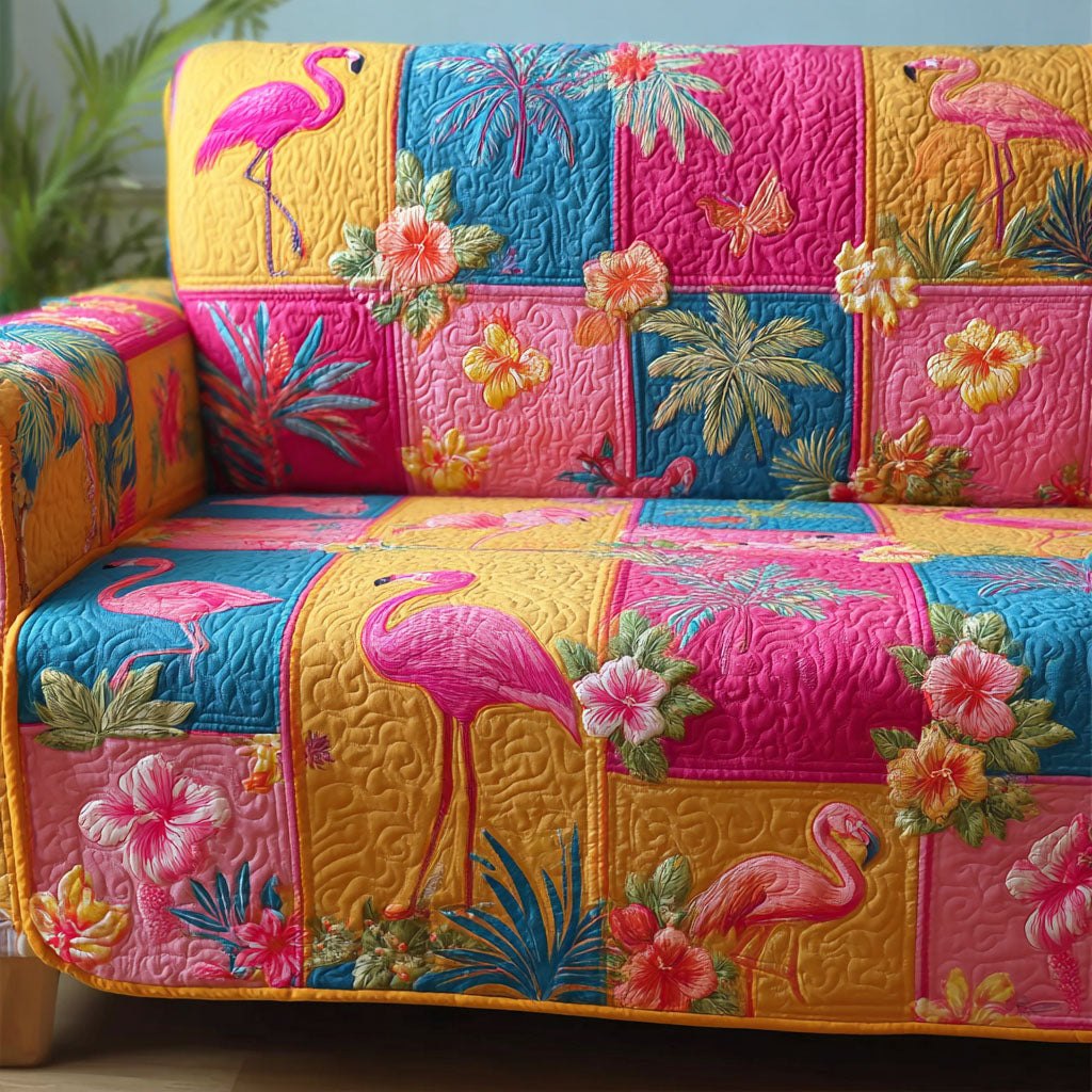 Flamingos on Pink and Gold Squares Sofa Cover