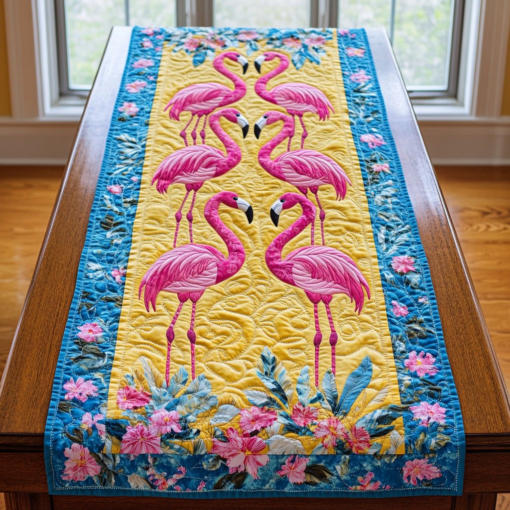 Flamingo Pair on Yellow Panel Table Runner