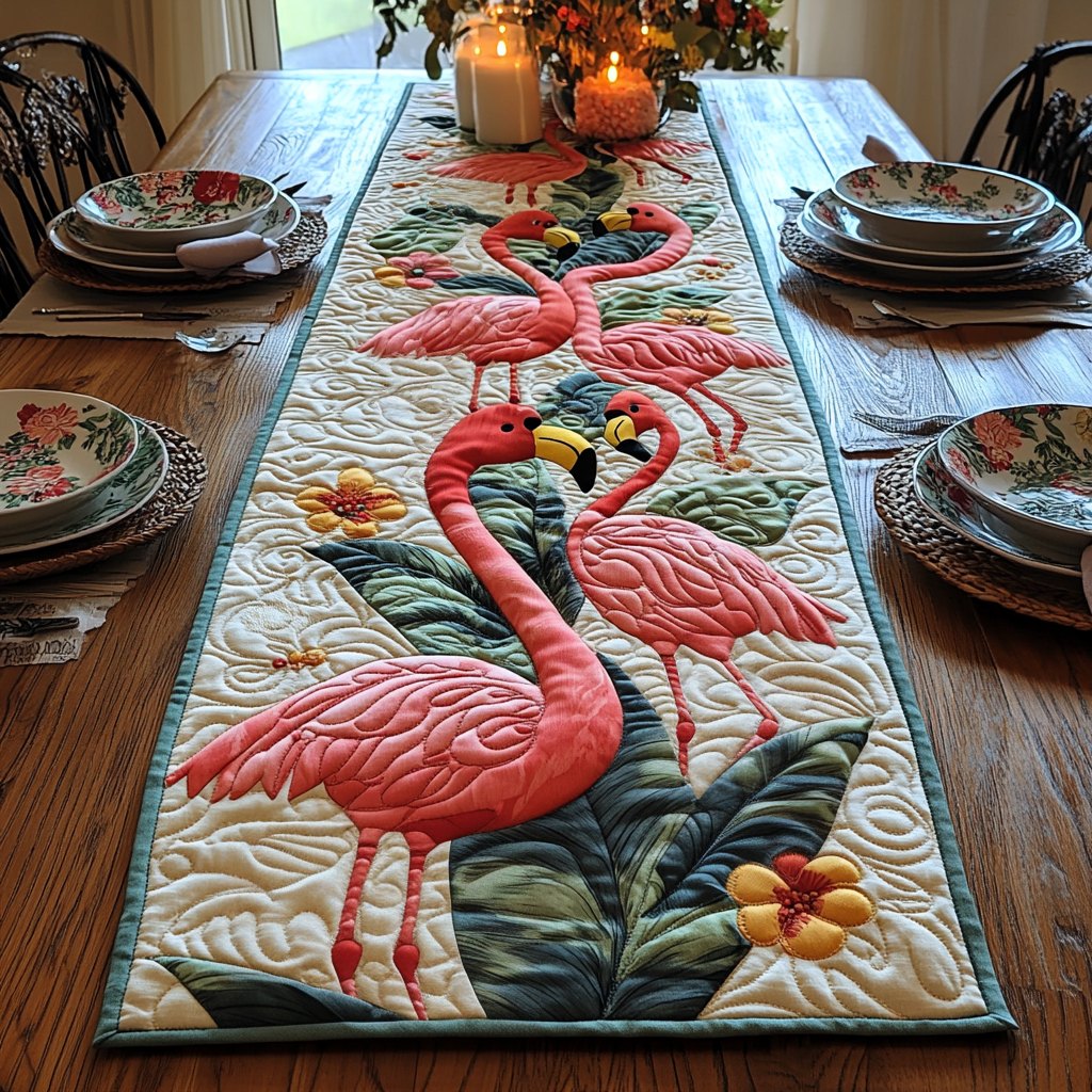 Flamingos with Broad Green Leaves Table Runner