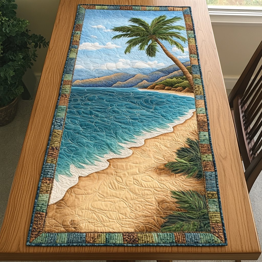 Ocean Waves on Sandy Shore Table Runner