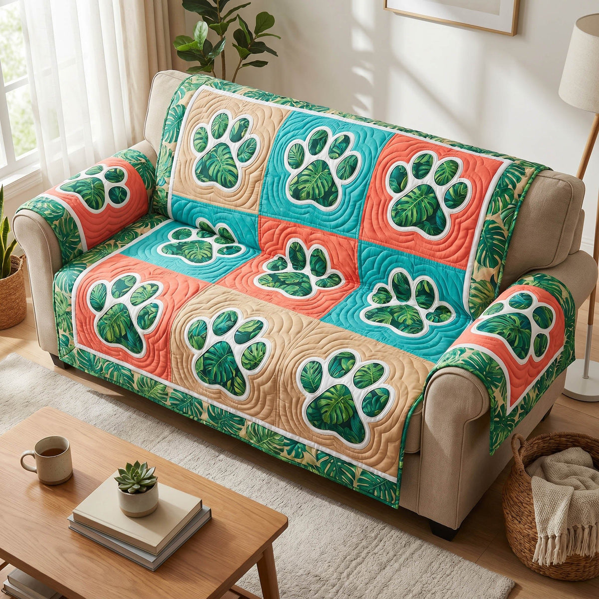 Paw Prints on Green and Coral Squares Sofa Cover
