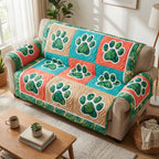Paw Prints on Green and Coral Squares Sofa Cover