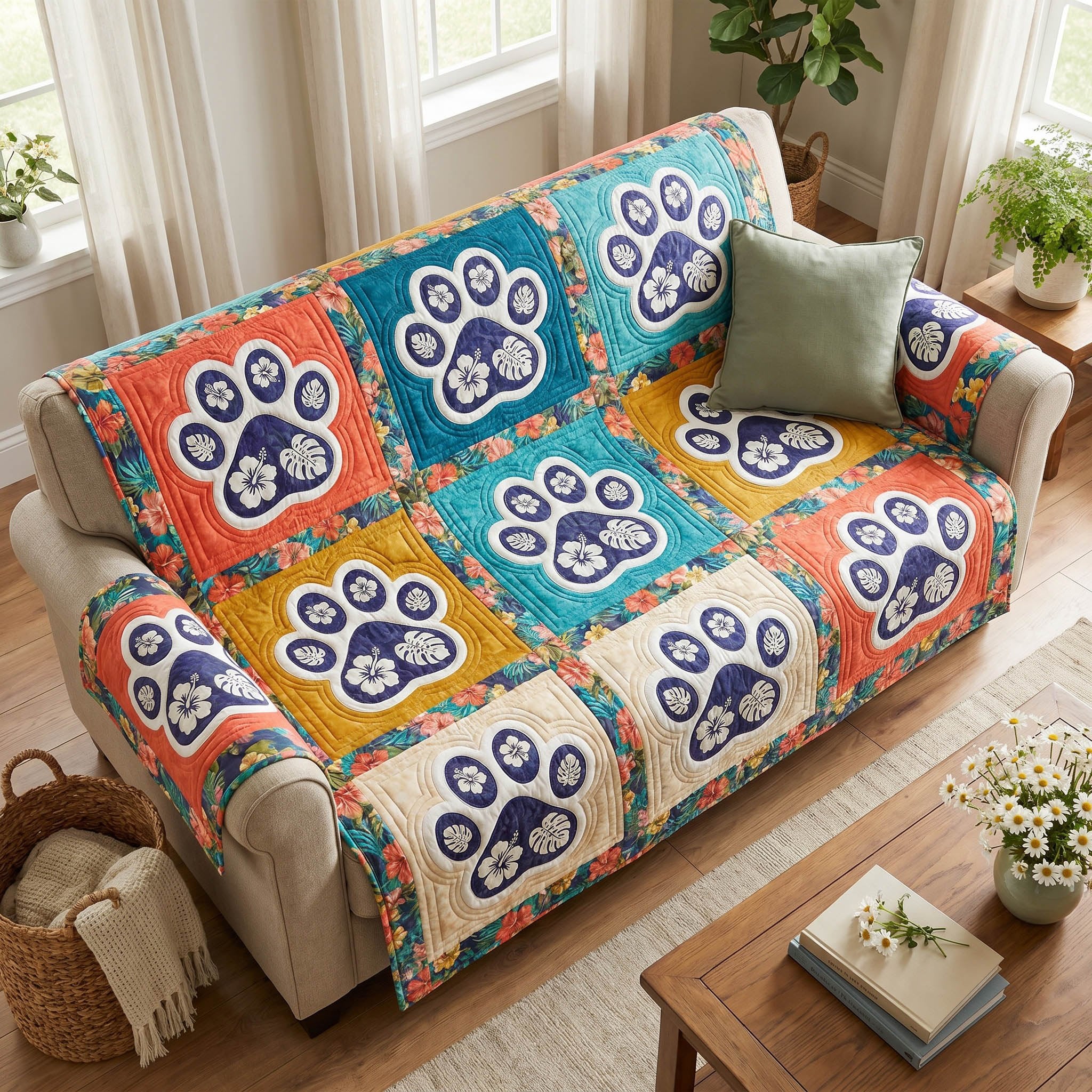 Paw Prints on Blue and Orange Squares Sofa Cover