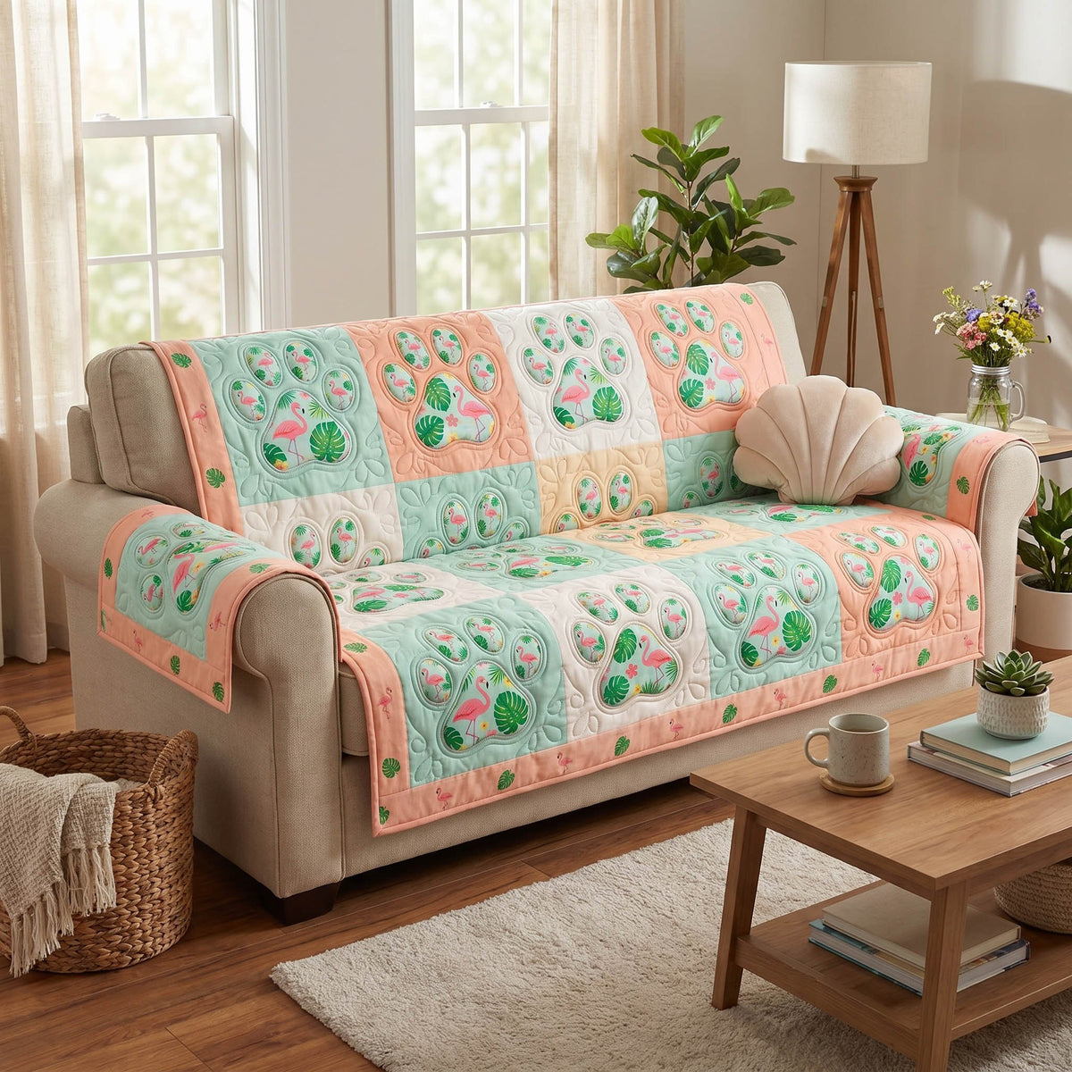 Shells and Paws on Pastel Squares Sofa Cover