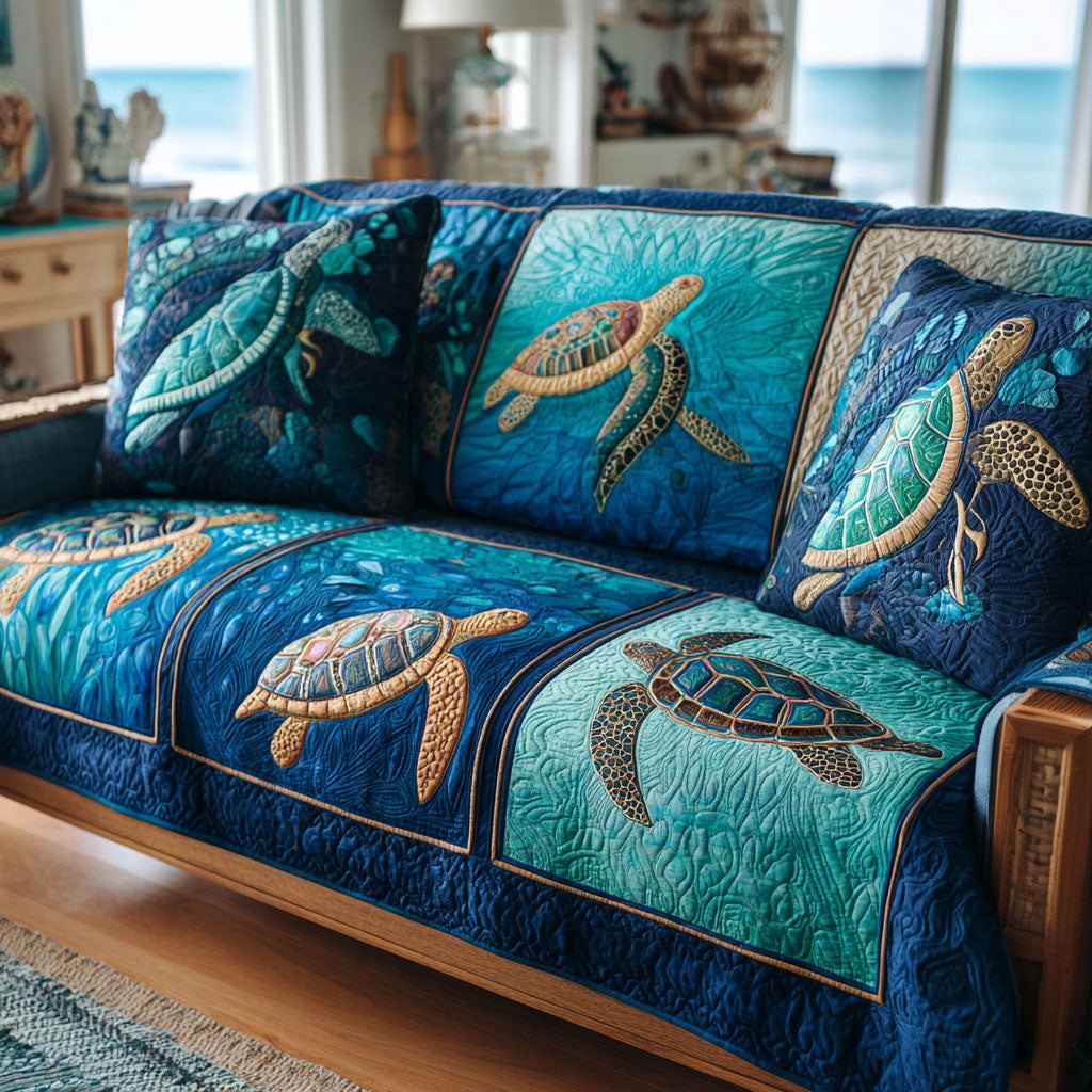 Sea Turtles on Blue and Teal Panels Sofa Cover
