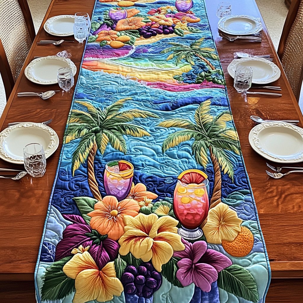 Palm Trees with Tropical Drinks Table Runner