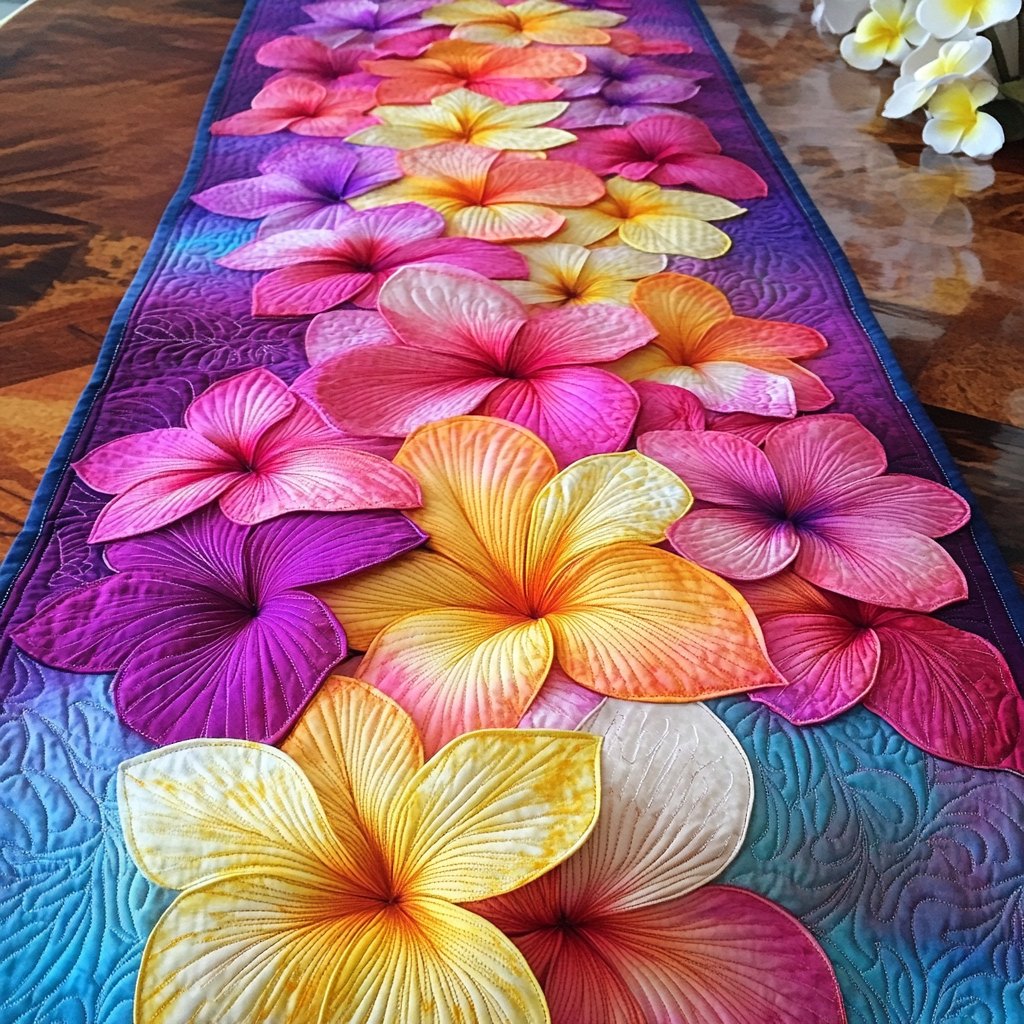 Bright Pink and Yellow Plumeria Table Runner