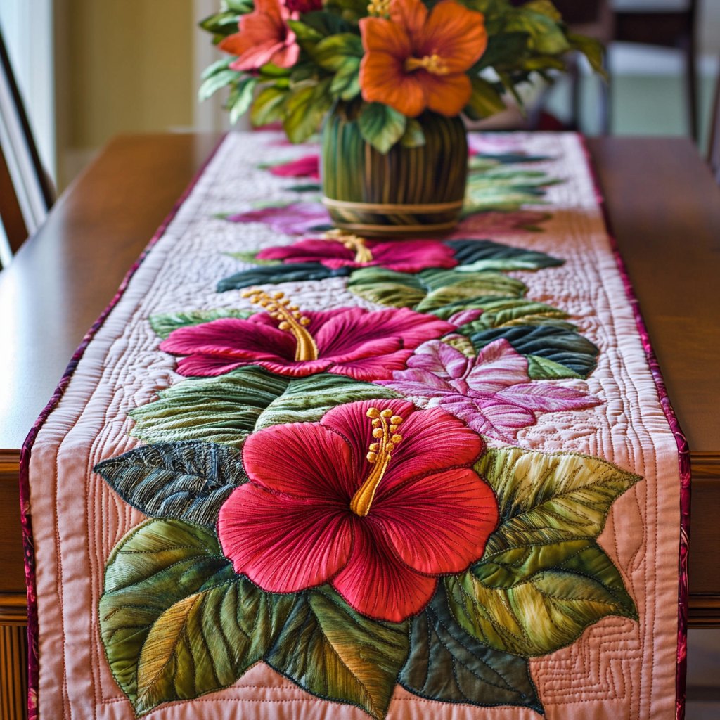 Red Hibiscus on Cream Ground Table Runner