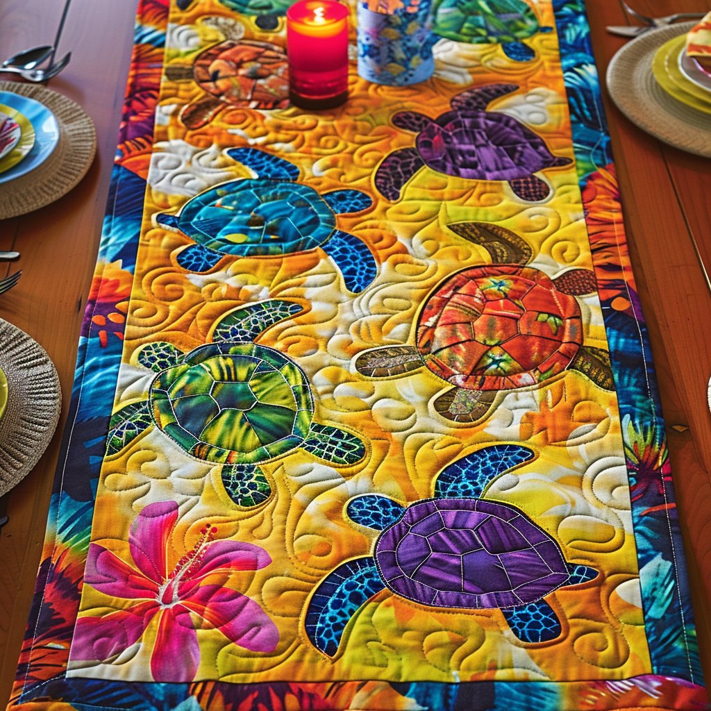 Sea Turtles with Plumeria on Yellow Table Runner