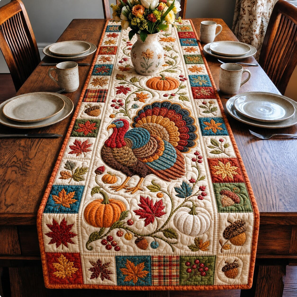 Teal Feather Turkey Harvest Table Runner