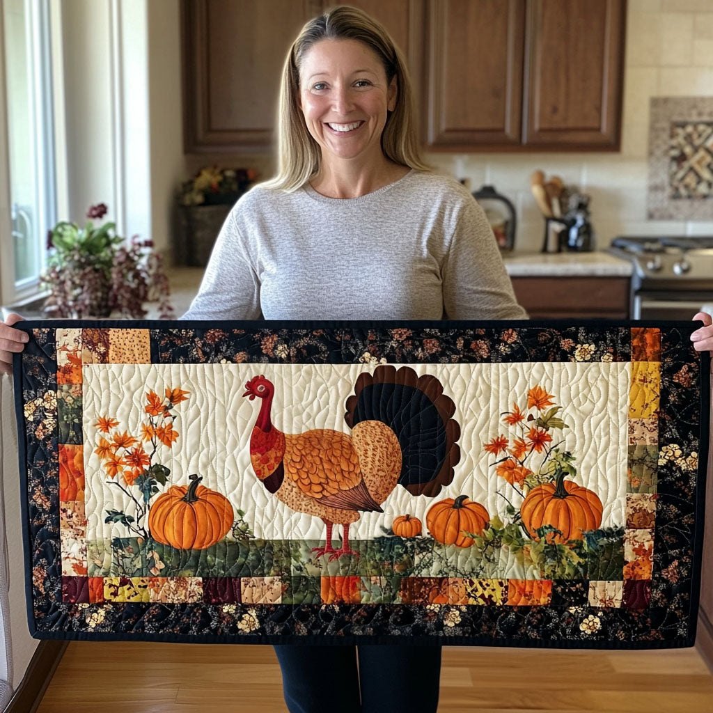 Turkey Trot Turkey with Pumpkins on Cream Table Runner