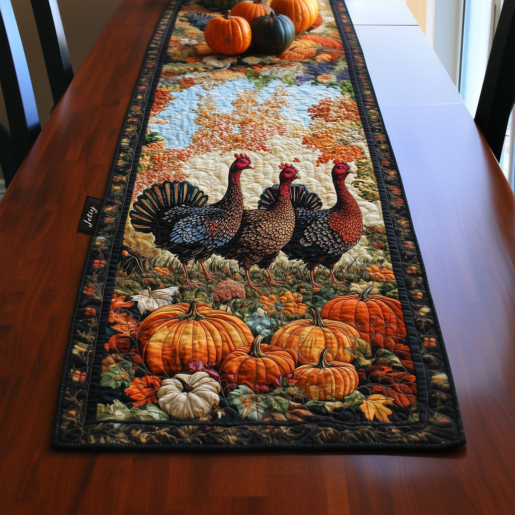 Turkeys with Pumpkins on Dark Table Runner