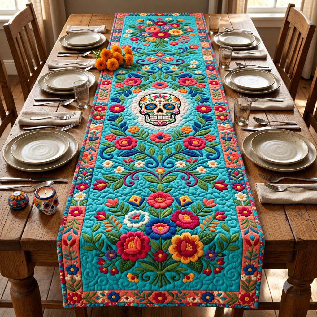 Turquoise Floral Skull Table Runner