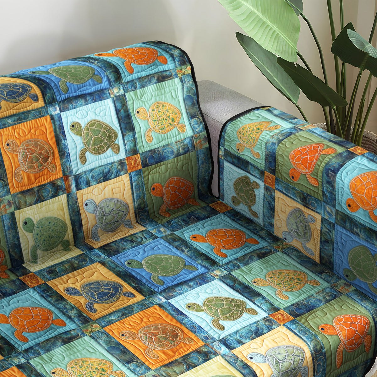 Turtles and Fish on Blue Squares Sofa Cover