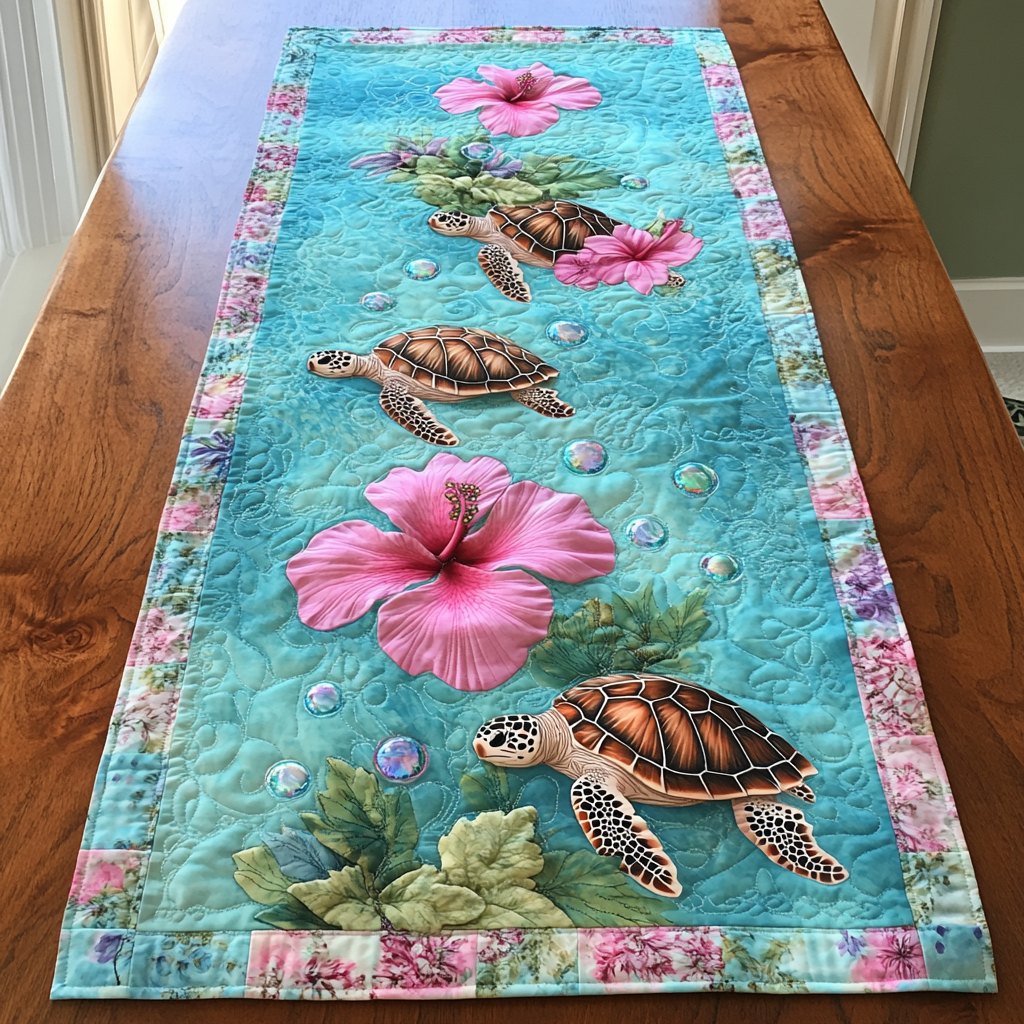 Turtles with Pink Hibiscus on Teal Table Runner