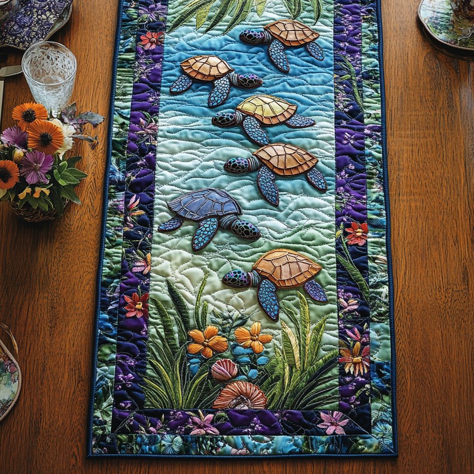 Sea Turtles with Purple Border Table Runner
