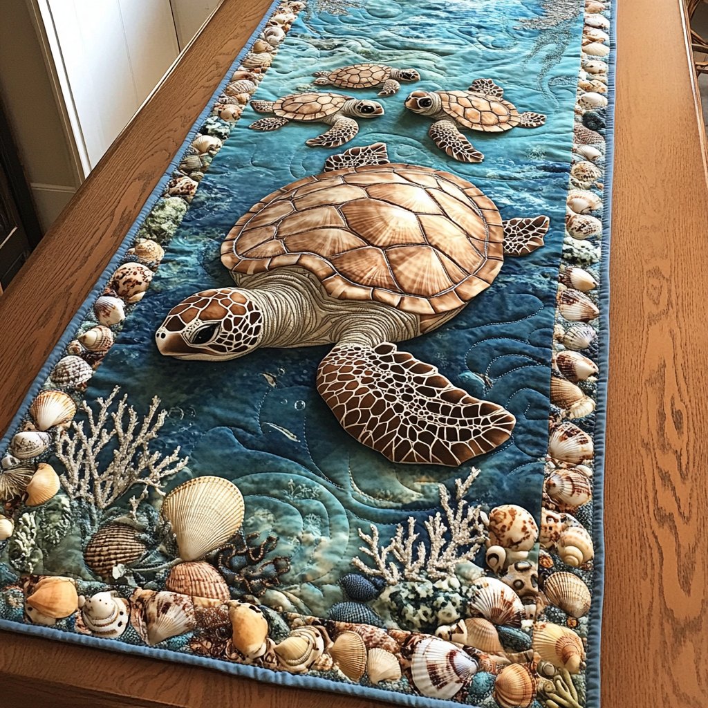 Sea Turtle with Shells and Coral Table Runner