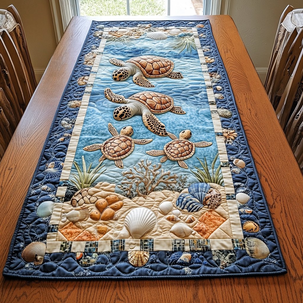 Turtles with Coral and Shell Border Table Runner