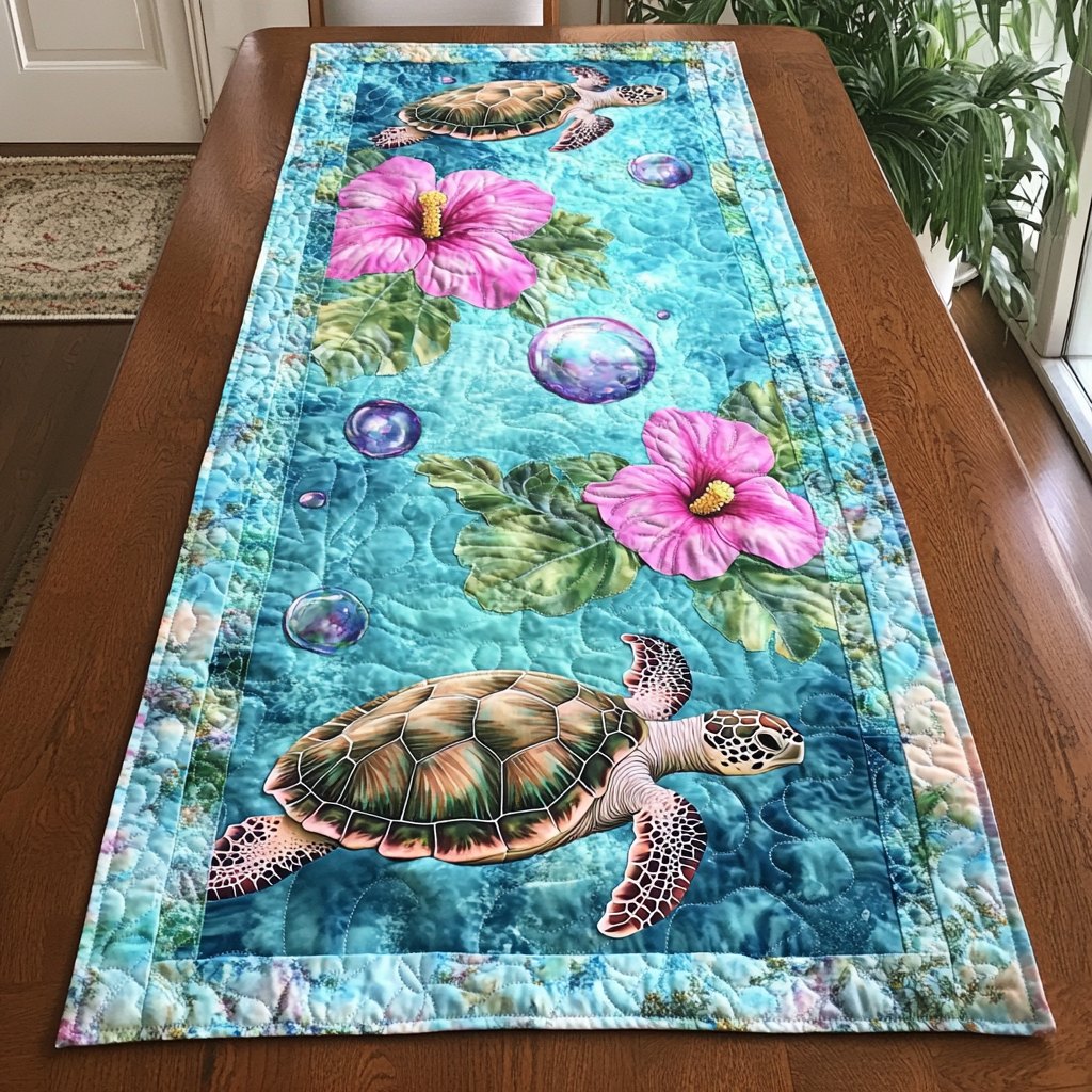 Turtle with Pink Hibiscus Underwater Table Runner