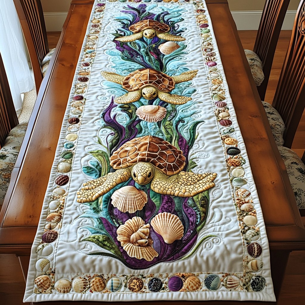 Turtles with Shells on Cream Table Runner