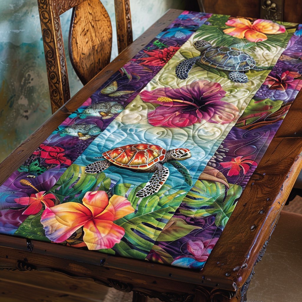 Turtle Among Tropical Hibiscus Table Runner