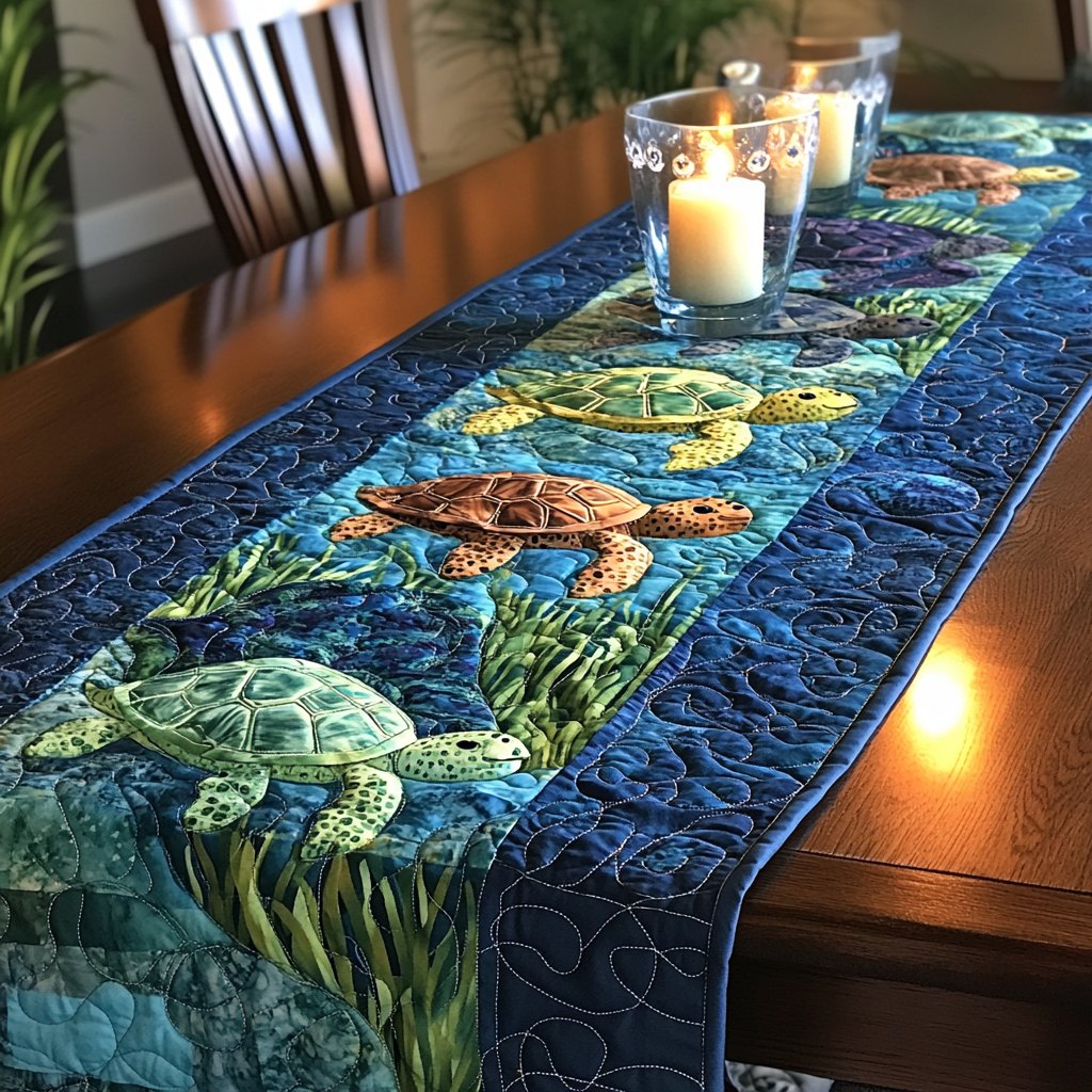 Green Turtles on Navy Table Runner