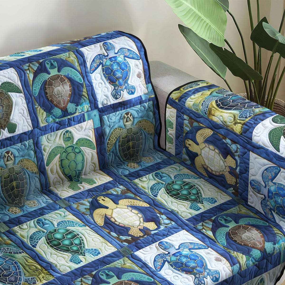 Sea Turtles on Blue and Yellow Tiles Sofa Cover