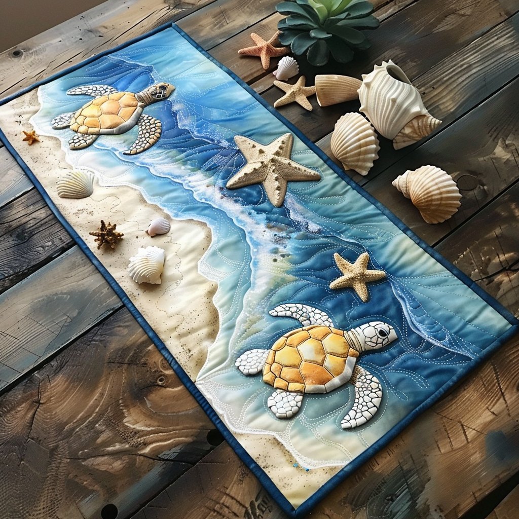 Sea Turtles on Beach with Shells Table Runner
