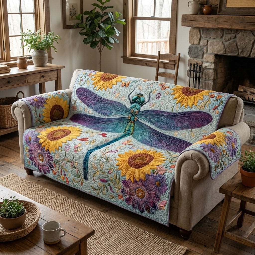 Dragonfly Above the Sunflowers Sofa Cover