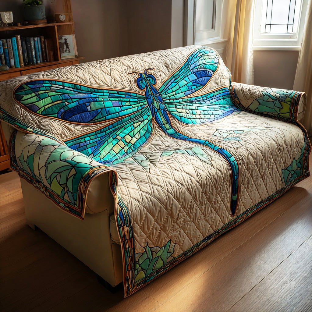 Stained Glass Dragonfly in Teal Sofa Cover