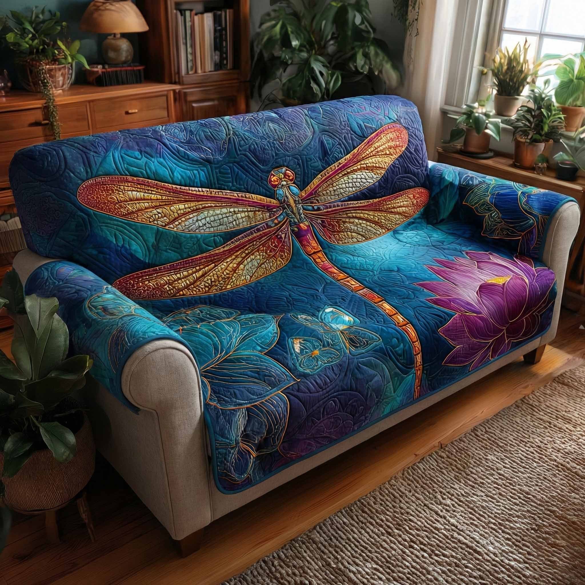 Dragonfly Over the Blue Lotus Pond Sofa Cover