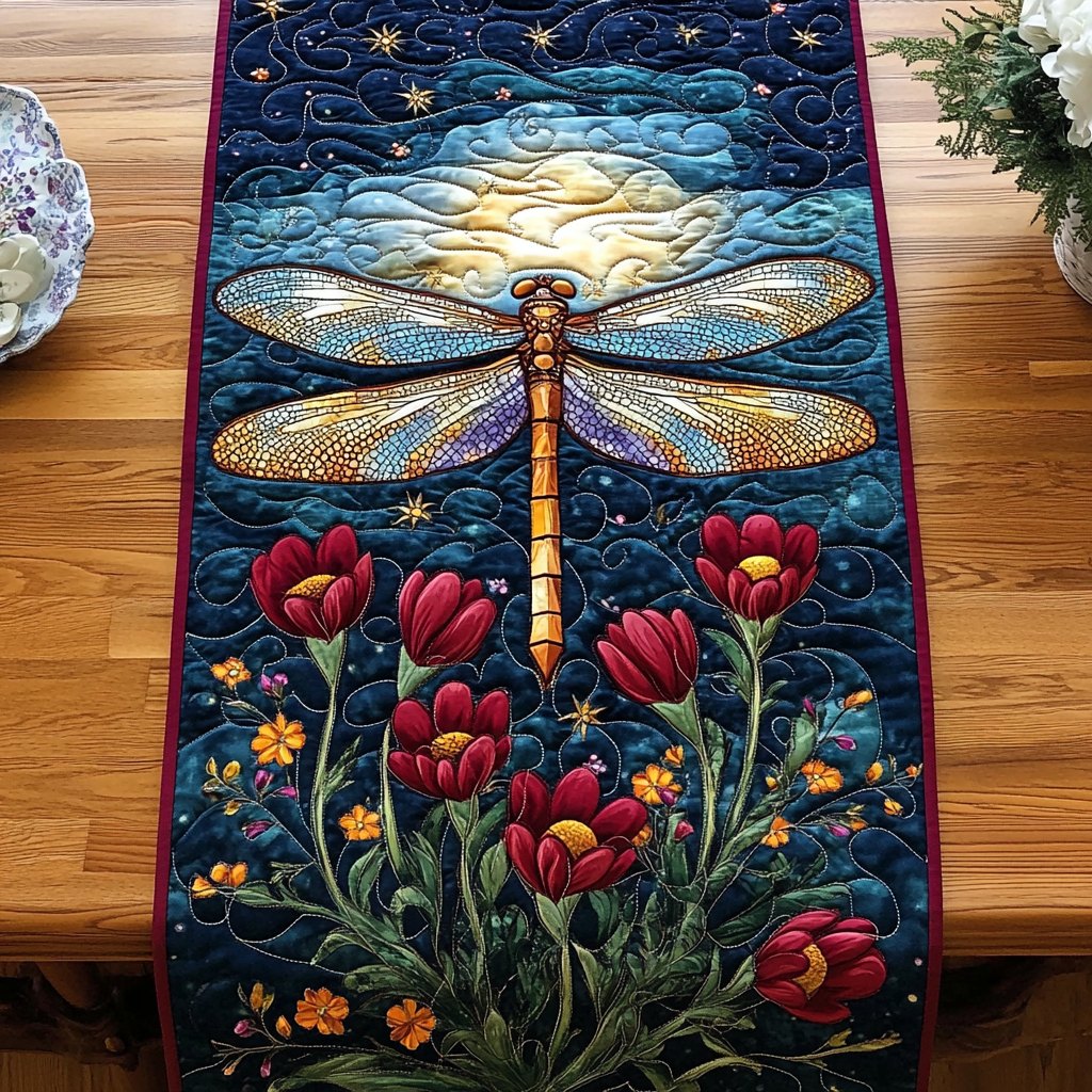 Dragonfly with Tulips on Navy Table Runner