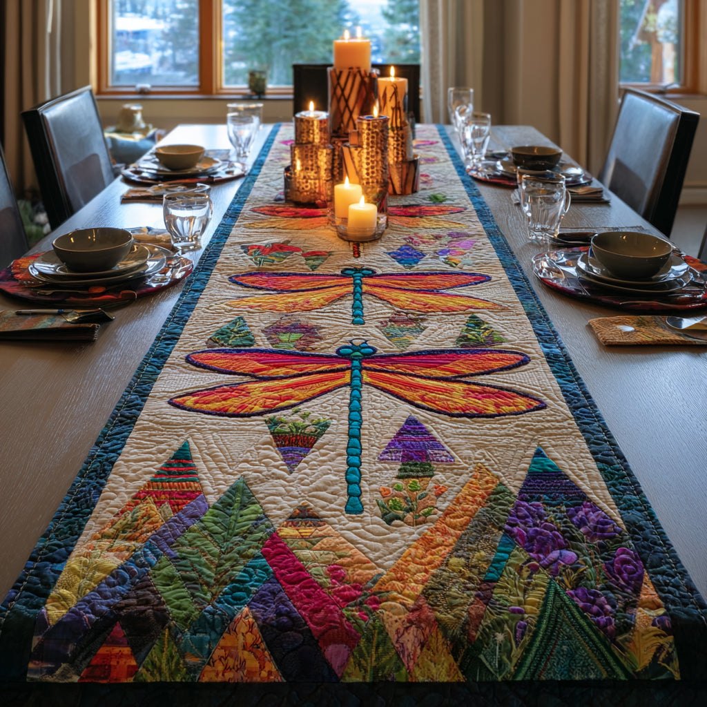 Dragonflies on Bright Patchwork Table Runner