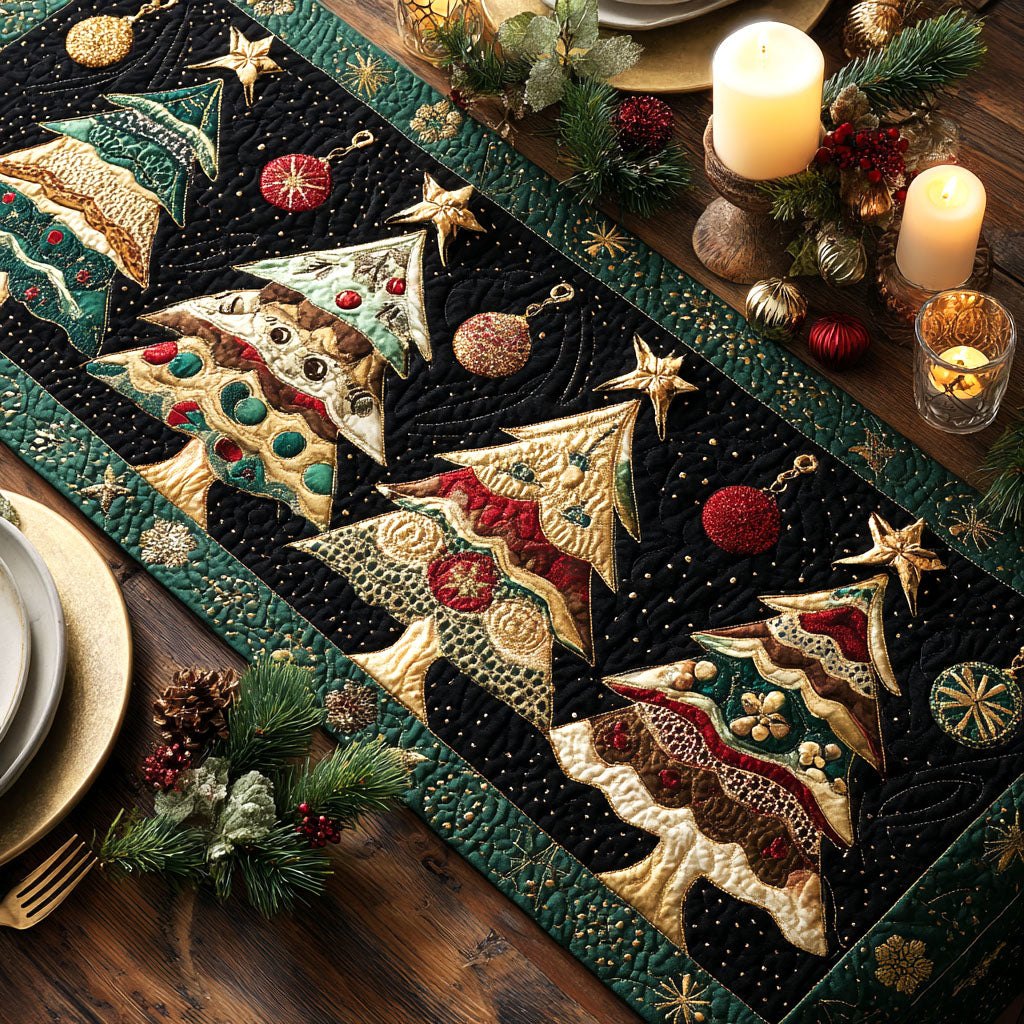 Christmas Trees on Black and Gold Table Runner