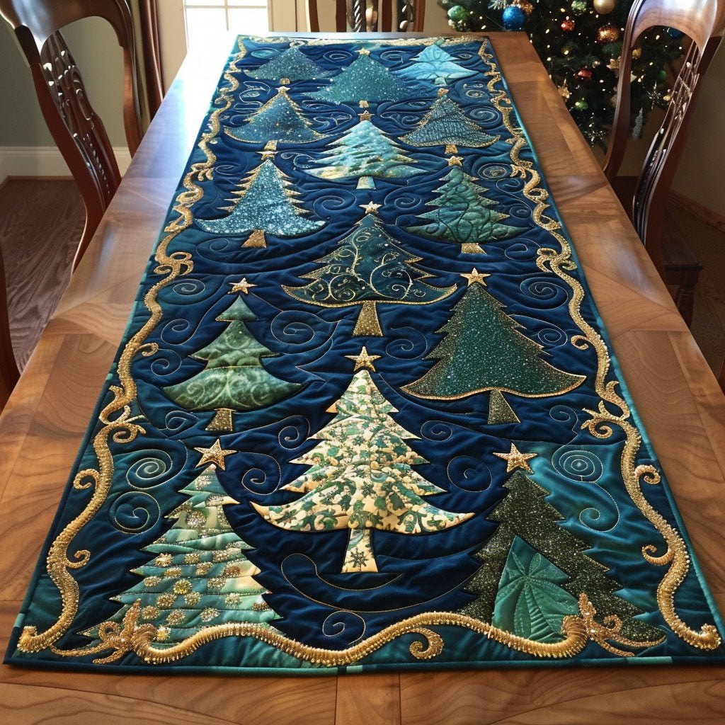 Christmas Trees on Navy and Gold Table Runner