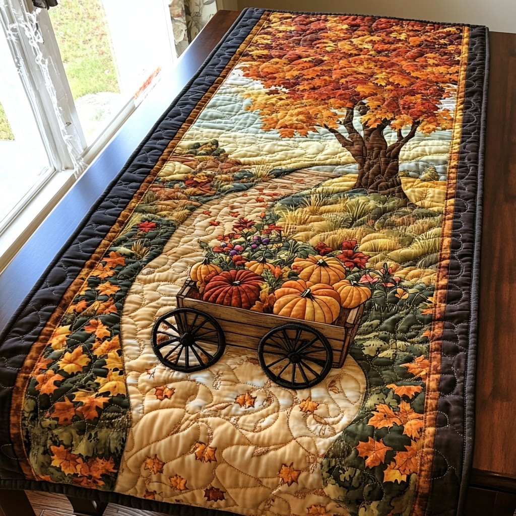 Wooden Wagon of Pumpkins Under Tree Table Runner